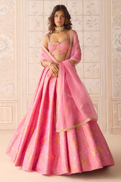 Coral pink floral brocade pleated lehenga set