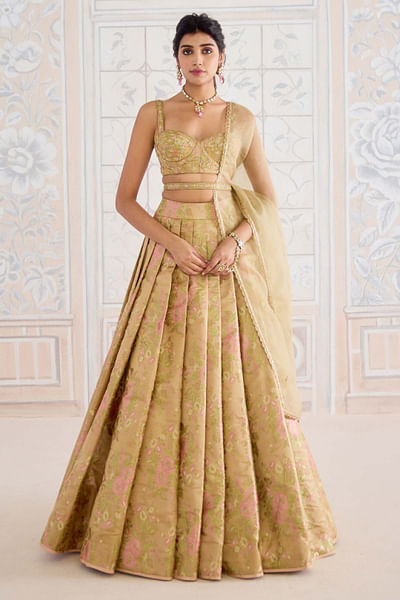 Gold brocade pleated lehenga set