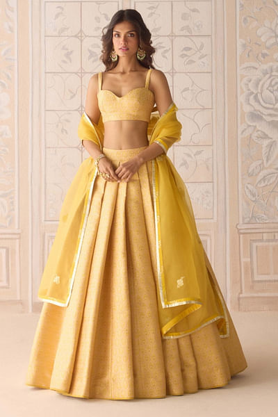 Primrose yellow brocade pleated lehenga set