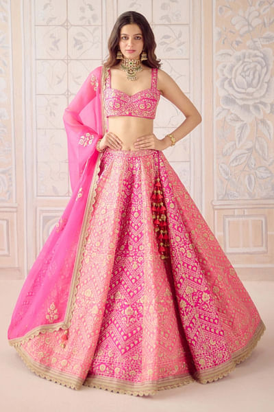 Coral pink zari dori embroidered lehenga set