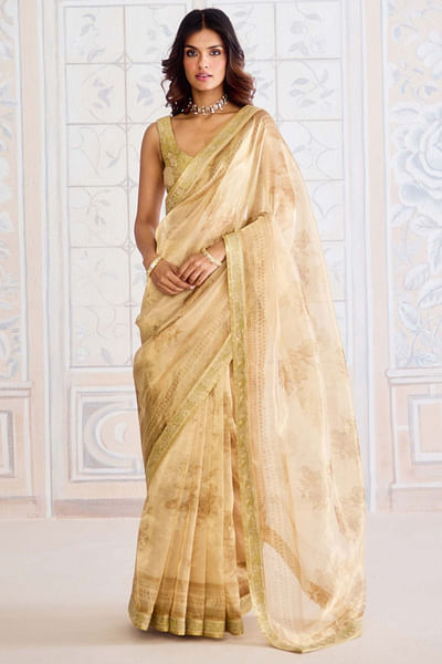 Gold block printed brocade sari set