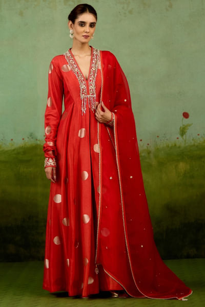 Burnt orange zardozi embroidered anarkali set