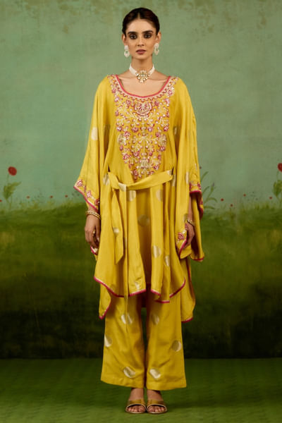 Yellow gota-thread embroidered kaftan set