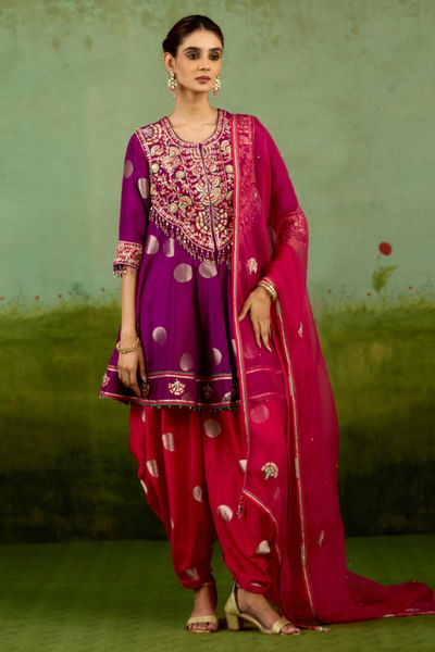 Purple pink gota-thread embroidered dhoti set