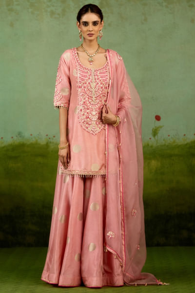 Coral pink gota-thread embroidered sharara set