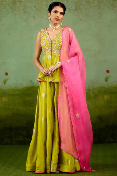 Bright green zardozi embroidered sharara set