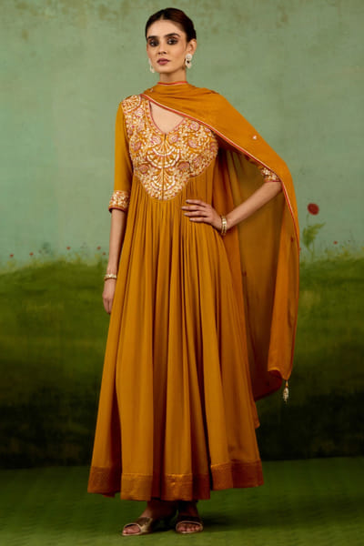 Shyam Narayan Prasad Mustard gota-thread embroidered anarkali set SHYOCT25D135159