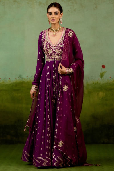 Wine purple zardozi embroidered anarkali set