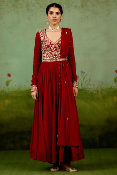 Maroon zardozi hand embroidered anarkali set