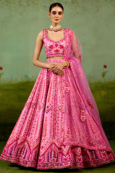 Lavender pink embroidered raw silk lehenga set