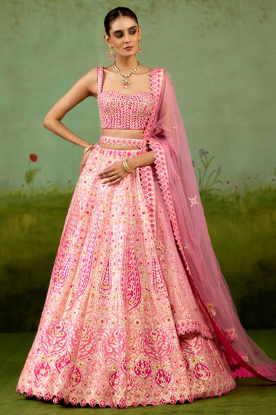 Pink embroidered raw silk lehenga set