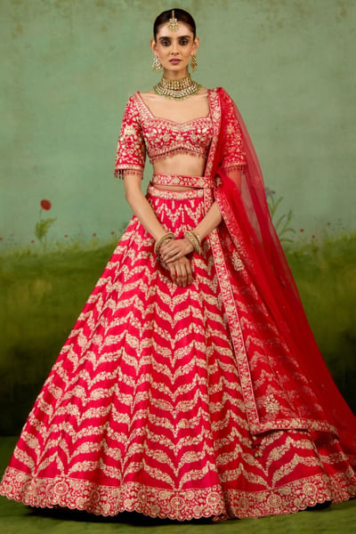 Red dori embroidered raw silk lehenga set