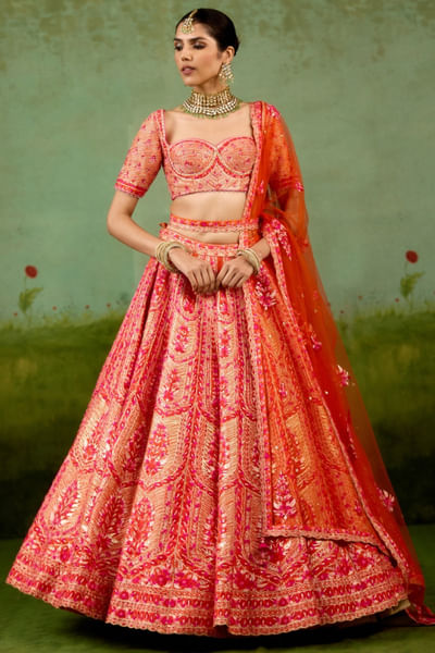 Sun orange embroidered raw silk lehenga set