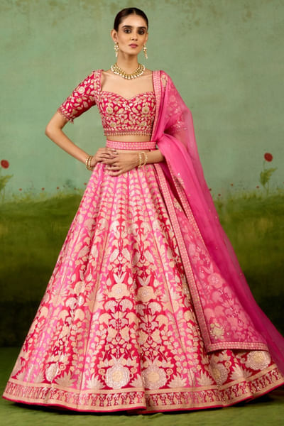 Pink and gold embroidered raw silk lehenga set