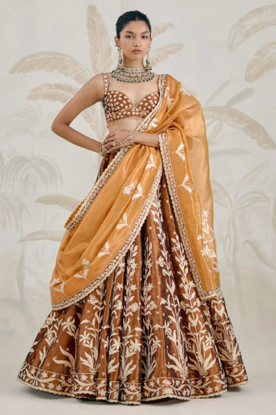 Brown and orange gota embroidered lehenga set