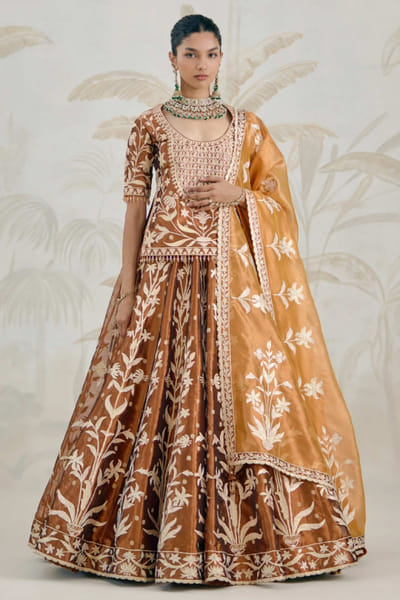 Brown and orange embroidered kurta lehenga set