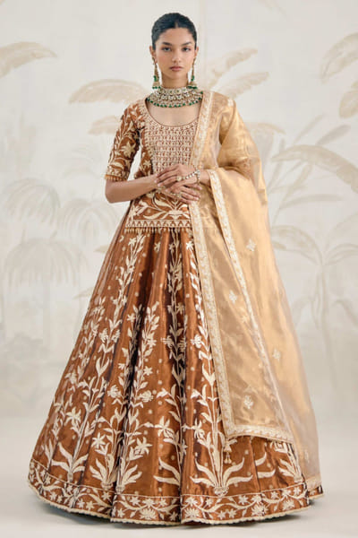 Brown and gold gota embroidered lehenga set