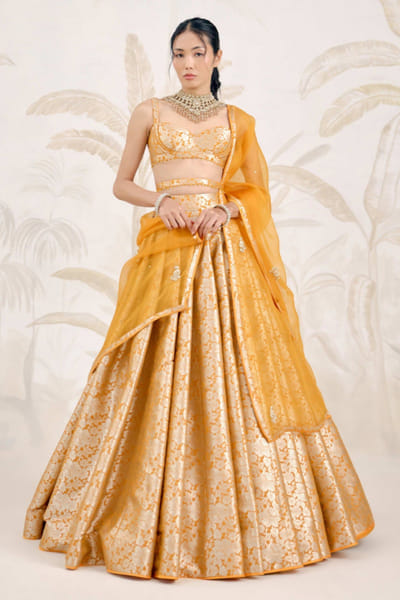 Shyam Narayan Prasad Mustard yellow zardozi embroidered lehenga set SHYAPR26D142371