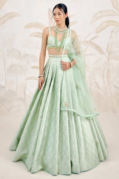 Shyam Narayan Prasad Seacrest green zardozi embroidered lehenga set SHYAPR26D142374