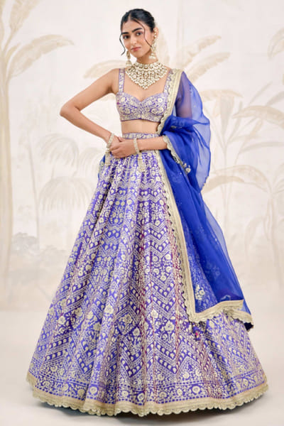 Purple and blue zari embroidered lehenga set