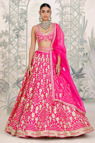 Fuchsia pink zari embroidered lehenga set