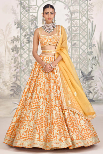 Shyam Narayan Prasad Marigold orange zari embroidered lehenga set SHYAPR26D142379