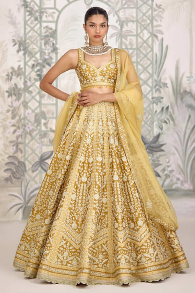 Shyam Narayan Prasad Mustard yellow zari embroidered lehenga set SHYAPR26D142380