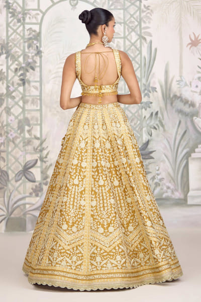 Shyam Narayan Prasad Mustard yellow zari embroidered lehenga set SHYAPR26D142380