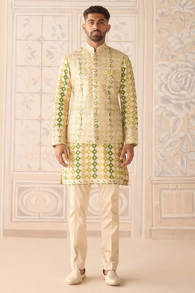 Ivory green print embroidered bandi kurta set