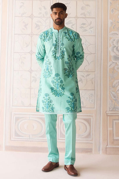 Plume blue floral block printed kurta set