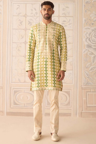 Ivory and green printed embroidered kurta set