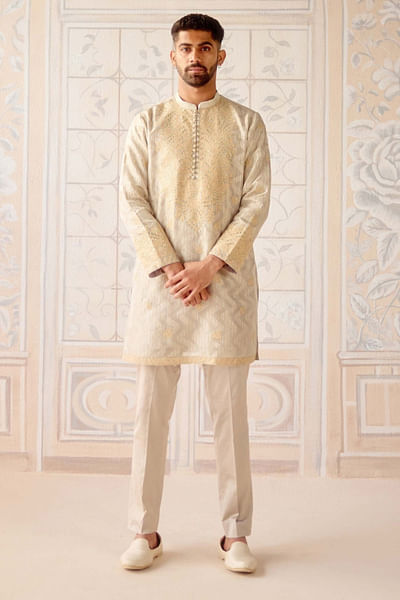 Antique white floral applique print kurta set