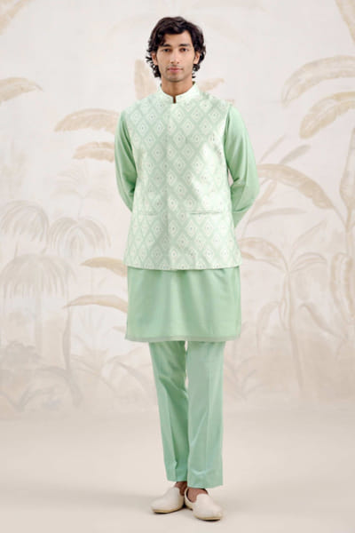 Shyam Narayan Prasad Sea green brocade bandi kurta set SHYAPR26D142052