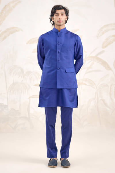 Shyam Narayan Prasad Midnight blue jaquard bandi kurta set SHYAPR26D142054