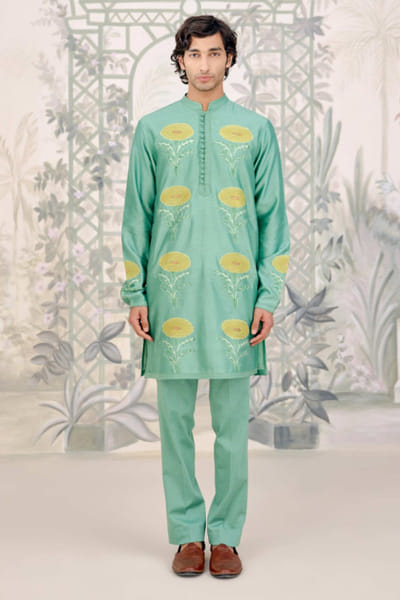 Green applique embroidered kurta set