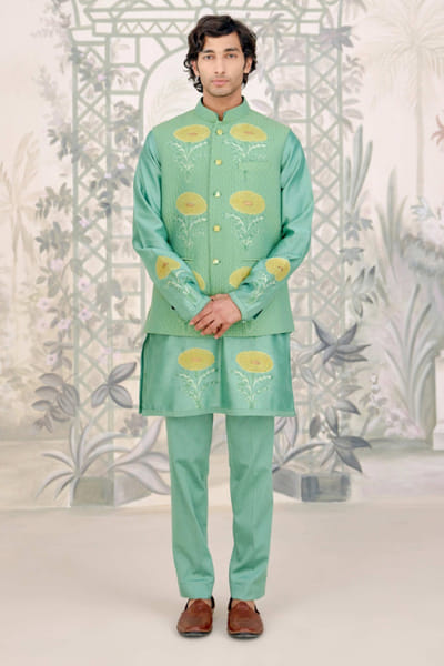 Shyam Narayan Prasad Green applique embroidered bandi kurta set SHYAPR26D142058