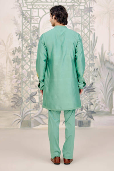 Shyam Narayan Prasad Green applique embroidered bandi kurta set SHYAPR26D142058