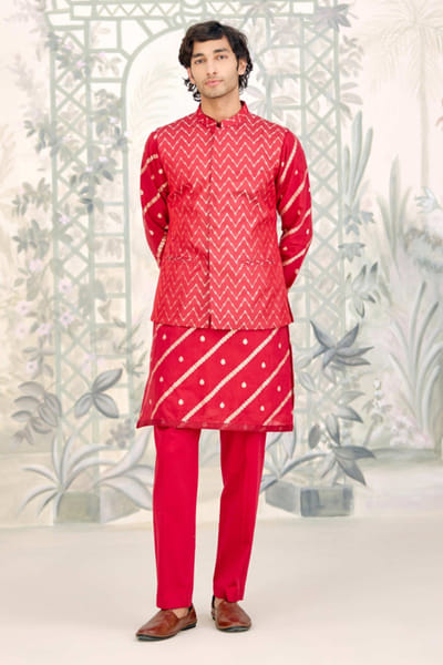 Shyam Narayan Prasad Maroon brocade bandi kurta set SHYAPR26D142060