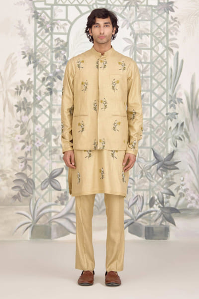 Shyam Narayan Prasad Neutral yellow print applique bandi kurta set SHYAPR26D142064