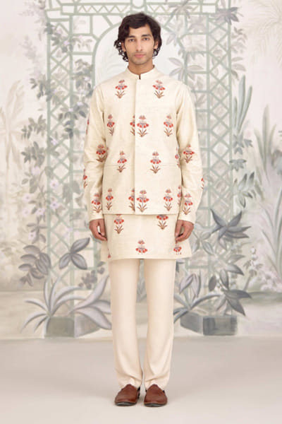 Ivory print applique bandi kurta set