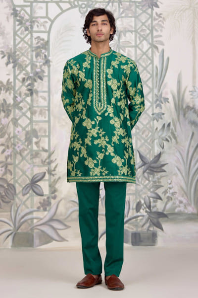 Forest green applique embroidered kurta set