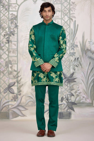 Shyam Narayan Prasad Green applique embroidery bandi kurta set SHYAPR26D142072