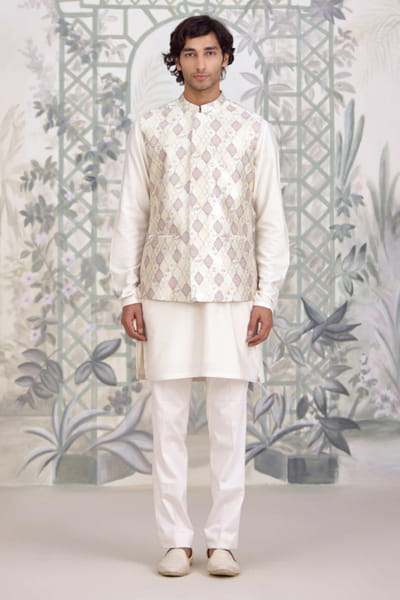 White brocade bandi kurta set