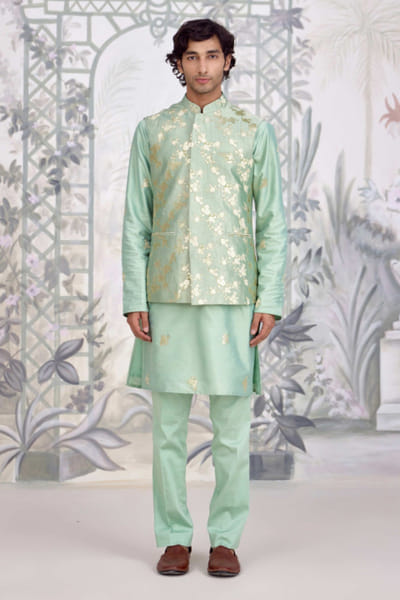 Shyam Narayan Prasad Sea green applique brocade bandi kurta set SHYAPR26D142076