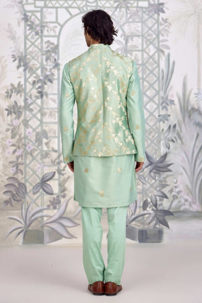 Shyam Narayan Prasad Sea green applique brocade bandi kurta set SHYAPR26D142076