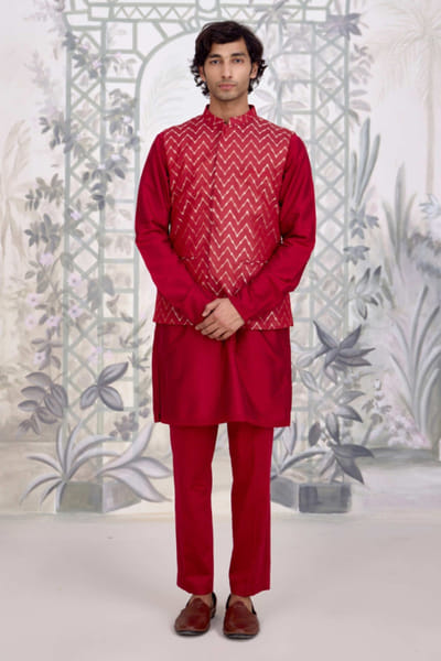 Shyam Narayan Prasad Maroon cotton silk brocade bandi kurta set SHYAPR26D142079