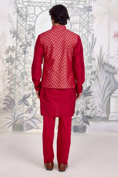 Shyam Narayan Prasad Maroon cotton silk brocade bandi kurta set SHYAPR26D142079