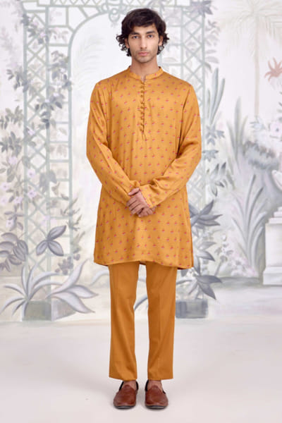 Shyam Narayan Prasad Mustard brocade bandi kurta set SHYAPR26D142070