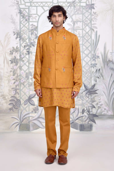 Shyam Narayan Prasad Mustard printed bandi kurta set SHYAPR26D142081