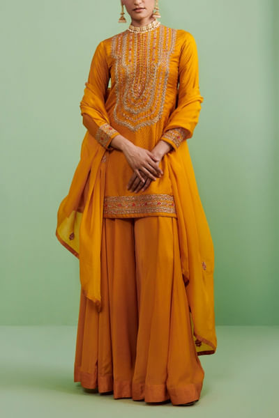 Mustard embroidered sharara set